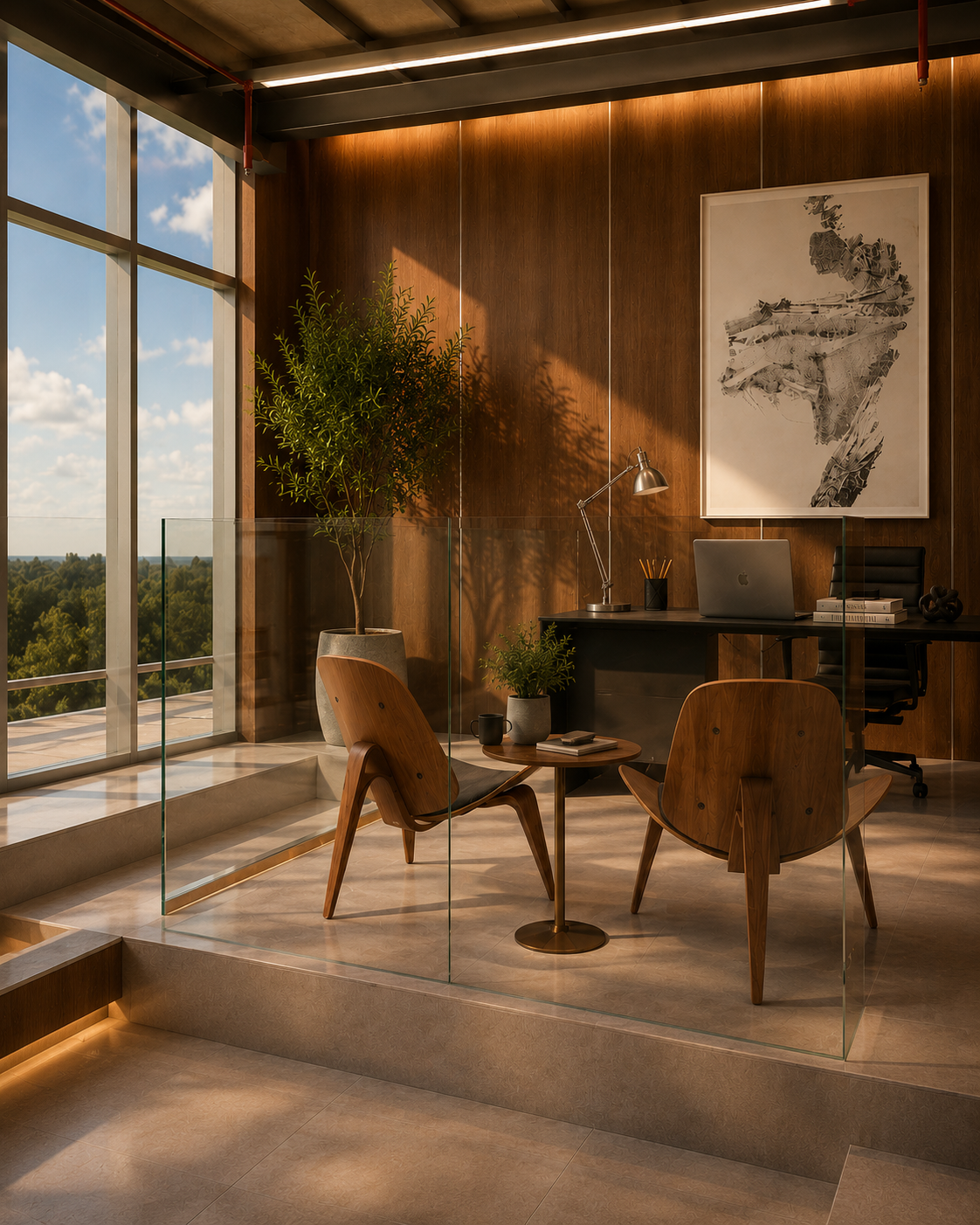 RSA - espacio de reunión del nivel superior con ventanal y paneles de madera