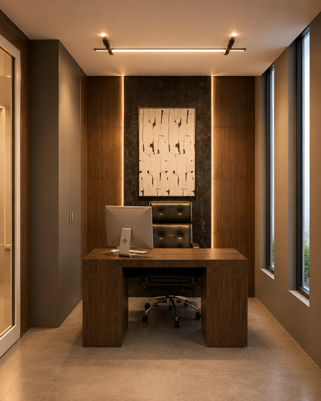 RSA - oficina ejecutiva con escritorio de madera y muro de piedra oscura retroiluminado