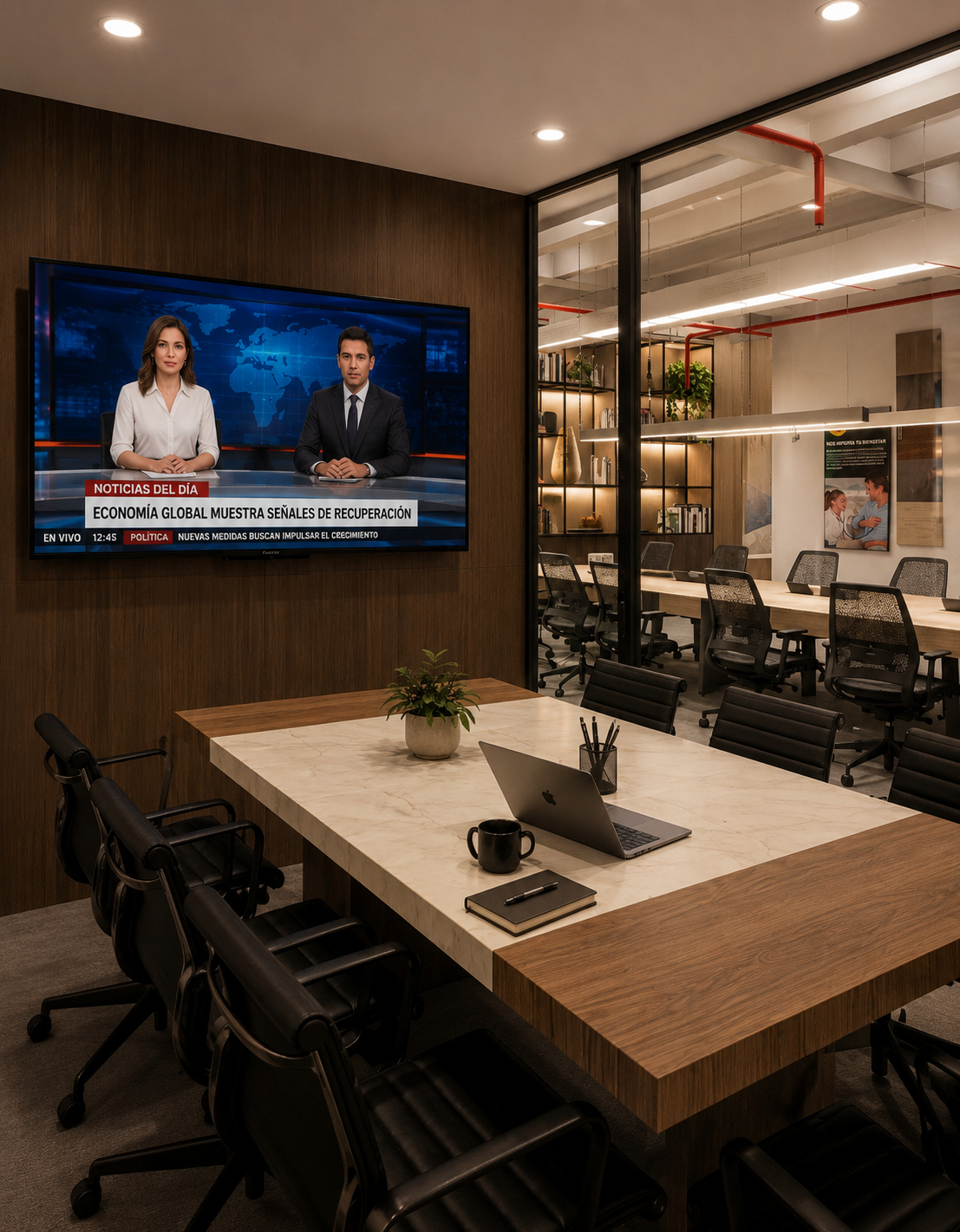 RSA - sala de reuniones con mesa de mármol y madera y mampara de vidrio